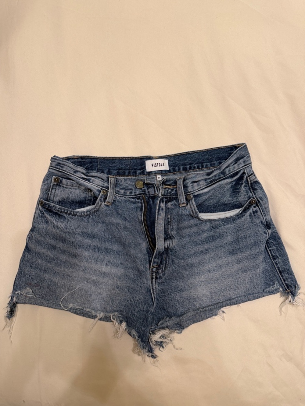 pistola Faded Blue High-Rise Distressed Jean Shorts